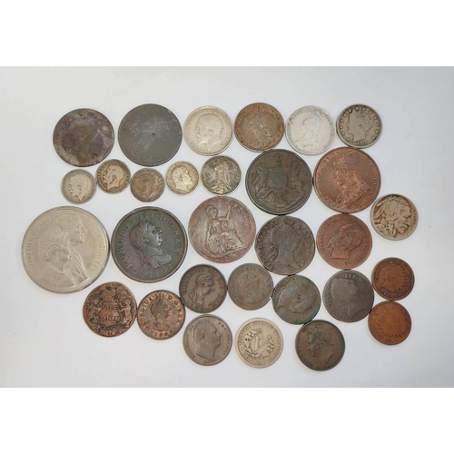 334 - Collection of silver and copper coins to include a 1766 George III shilling, 1887 shilling, two 1806... 