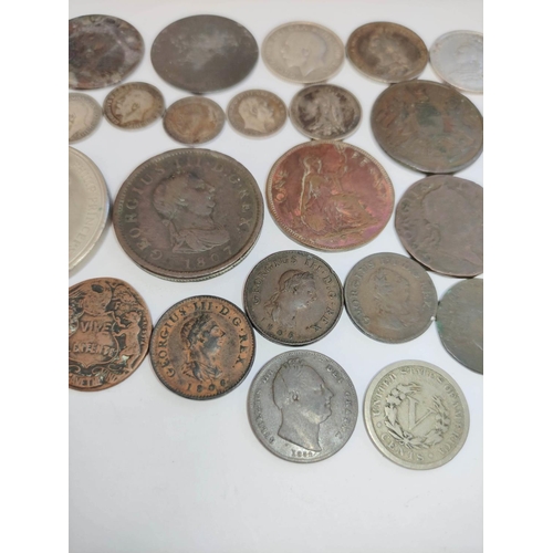 334 - Collection of silver and copper coins to include a 1766 George III shilling, 1887 shilling, two 1806... 