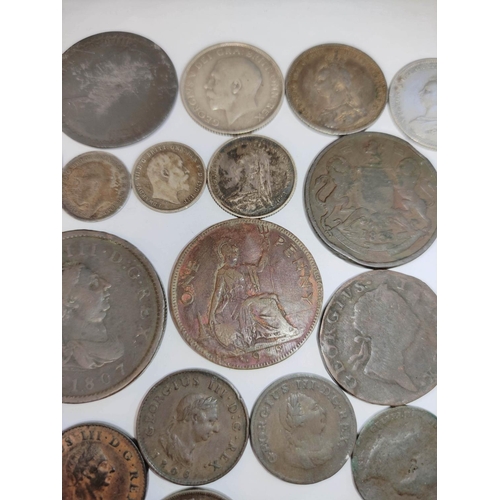 334 - Collection of silver and copper coins to include a 1766 George III shilling, 1887 shilling, two 1806... 