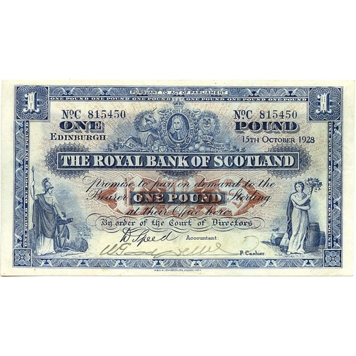 341 - The Royal Bank of Scotland. One pound £1 banknote 15th October 1928, D Speed, hand signed by the acc... 