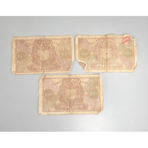 342 - Spain. Three Banco de Espana, 100 Peseta banknotes all 9 January 1940, serial numbers A0.784.507, C4... 