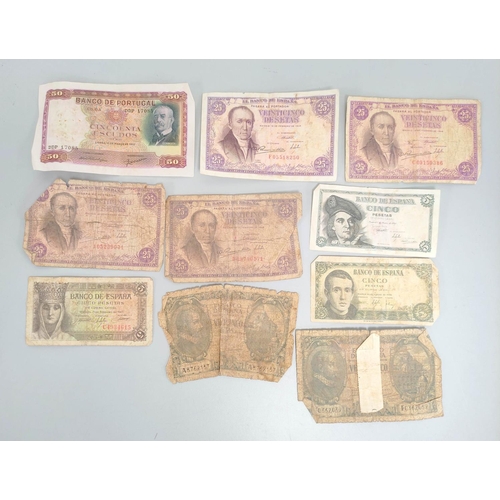 343 - Group of world banknotes to include a Portuguese 1947 50 escudos serial number DDP 17085, four Spani... 