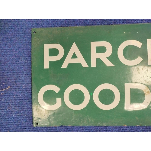 428 - Parcels & Goods Office green and white enamel station sign 30cm x 92cm.