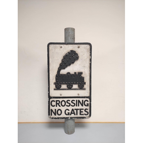 429 - Motoring / Railway Interest. Black and white painted cast aluminium road sign ''Crossing No Gates'' ... 