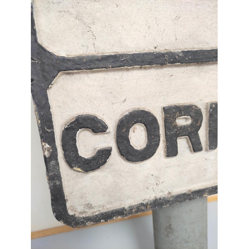 430 - Rectangular cast iron ''Corner'' road sign. Original condition mounted to post. 52cm x 30.5cm