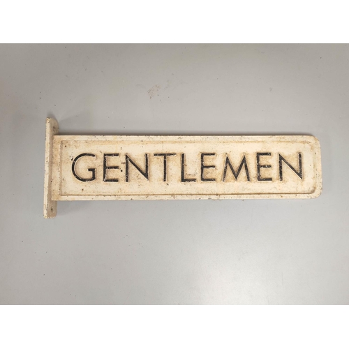 431 - Railway station cast aluminium double sided black and white painted sign ''Gentlemen''. 34cm x 8cm 