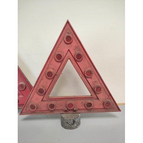 436 - Triangular cast aluminium warning road signs with integral reflectors. Both 37cm x 45cm. (2)