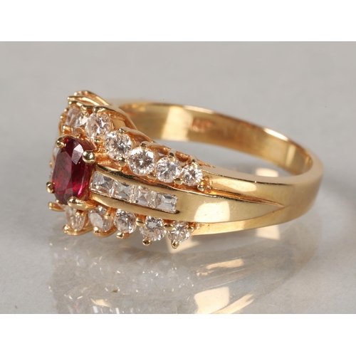 103 - Ladies 14 k gold Ruby and Diamond ring, Central ruby flanked by four square cut diamonds either side... 