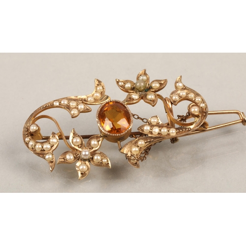 115 - 9 ct gold brooch with seed pearl and citrine central stone, 4g