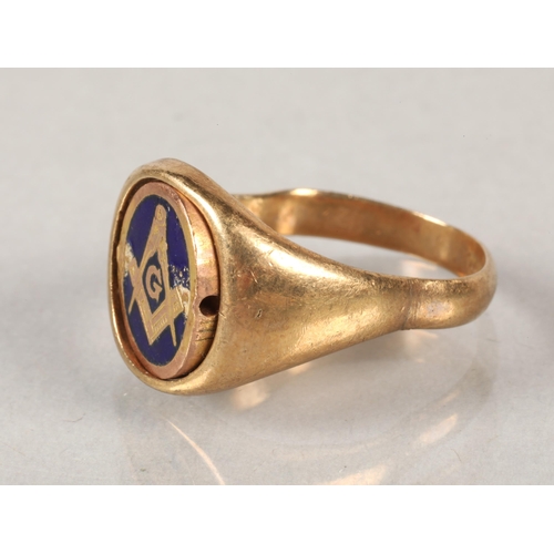 72 - 9 ct gold enamel Masonic signet ring, 6g