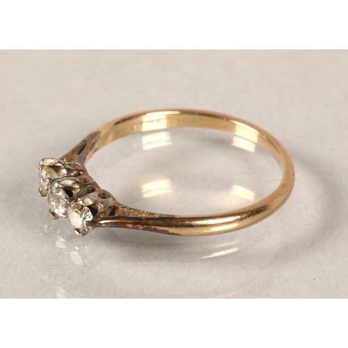 90 - 18 ct gold and three stone diamond ring,ring size N/O