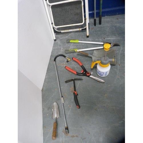 315 - Group of gardening accessories to include tools, also a car polishing machine, stepladder etc.