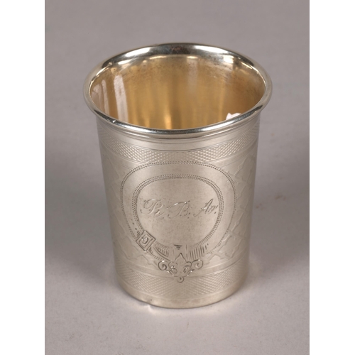 156 - White metal beaker inscribed 'R B A, marks to base 6.5 cm, 43 grams