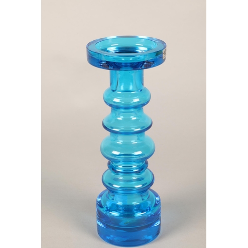 185 - Nuutajarvi Notjso blue  glass candle holder, 24cm height