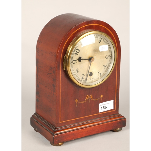 186 - Inlaid mahogany mantel clock, 26cm height