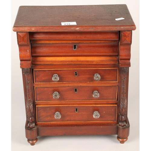 212 - 19th century mahogany apprentice piece in the form of scotch chest 31cm diameter.