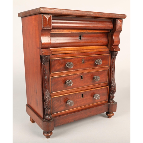 212 - 19th century mahogany apprentice piece in the form of scotch chest 31cm diameter.