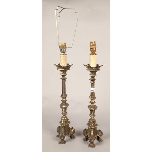 213 - Pair of Epns altar style candlesticks on triple scroll base, converted into table lamps 40cm