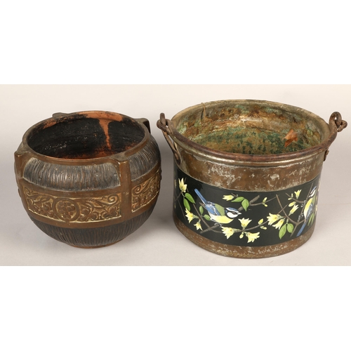 215 - Barge ware painted swing handled cauldron and a Mettlach pottery jardinière.