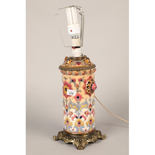 219 - Zsolnay floral decorated ceramic table lamp on brass base.