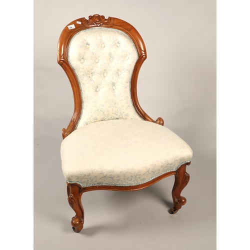 606 - Victorian parlour chair with cream upholstery depicting birds and flora, H 93cm, W 57cm, D 50cm