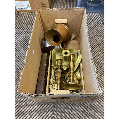 330 - Box of assorted brassware, copper jug, etc