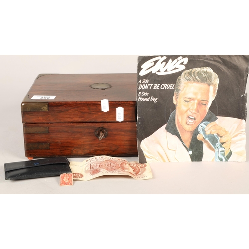 290 - Small mahogany storage box with Elvis Presley record