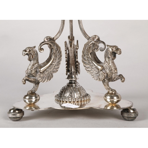 299 - Ornate silver plated glass epergne (2 glass holders missing), 35.5cm height