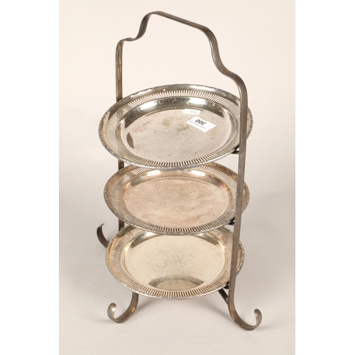 300 - Three-tier silver plated cake stand, 41cm height