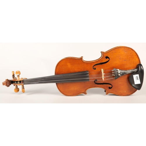 360 - Violin, 'Copy of Antonius Stradivarius, Made in Germany', length of back: 37cm, with bows in case