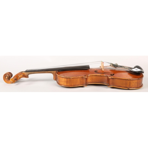 360 - Violin, 'Copy of Antonius Stradivarius, Made in Germany', length of back: 37cm, with bows in case