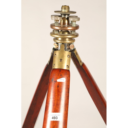 493 - Mahogany and brass surveyors tripod height 160 cm