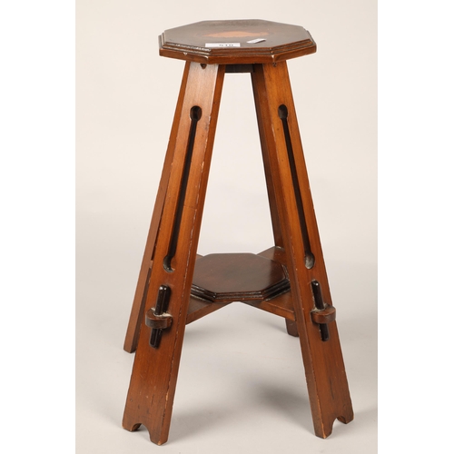 510 - Mahogany arts and crafts plant stand, with marquetry shell on the top, 46 cm high