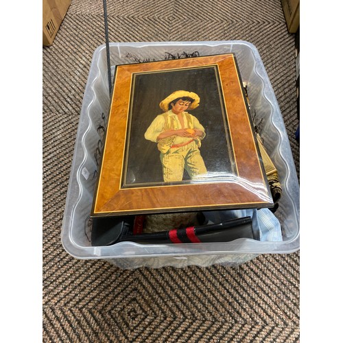 348 - Box containing miscellaneous items such as handkerchiefs, framed picture of horse, riding crop, wall... 