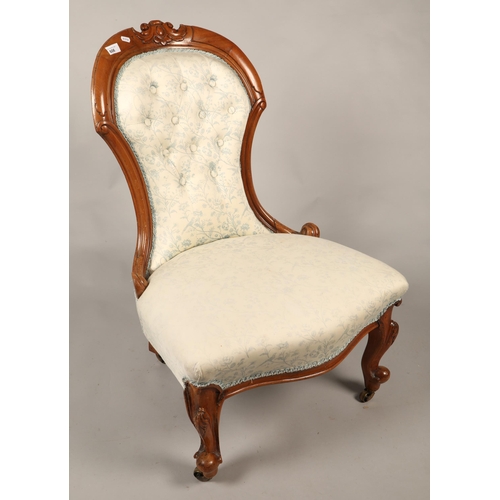 606 - Victorian parlour chair with cream upholstery depicting birds and flora, H 93cm, W 57cm, D 50cm