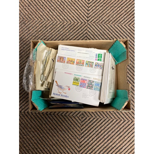 354 - Two boxes of stamps, stamp albums and envelopes