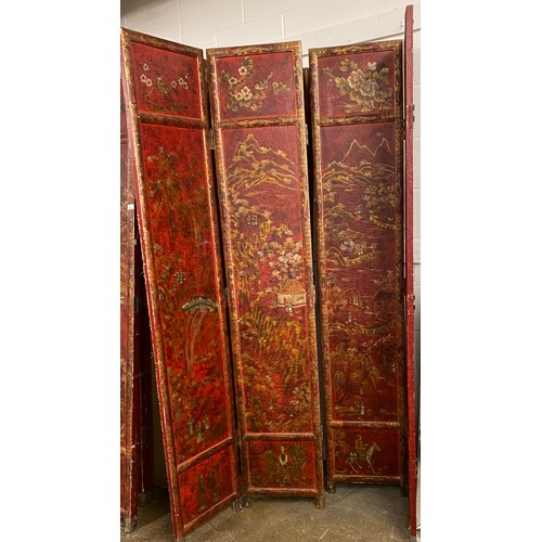 661 - Pair of large red oriental style free standing screens, 214 cm high 83 cm wide (2)