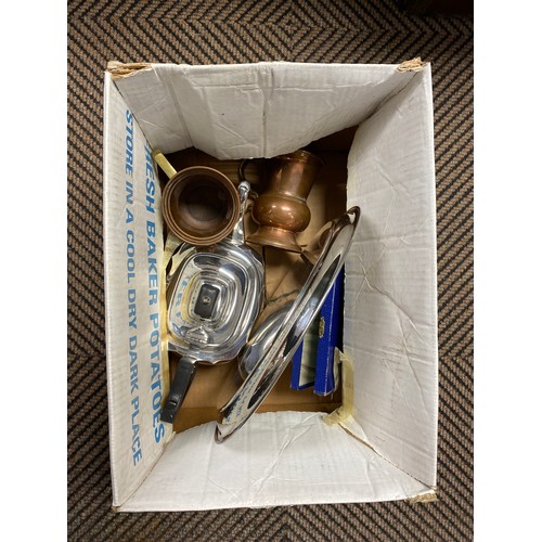 377 - Silver plated and brass items to include cutlery, brass tankard, etc