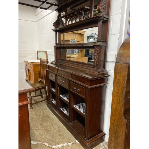 628 - Mahogany Bar, with colour glass canopy, glass back display with three drawers over shelving, the bar... 