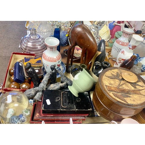 267 - Collection of decorative items to include animals, table boules, two flagoons, etc