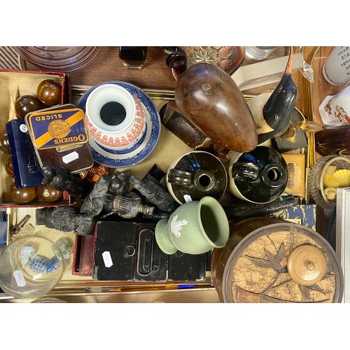 267 - Collection of decorative items to include animals, table boules, two flagoons, etc