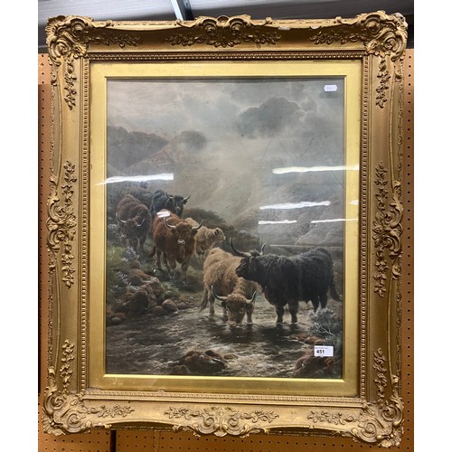 451 - Unsigned, gilt framed print, Highland Cattle, 62cm x 49cm (87cm x 74cm)