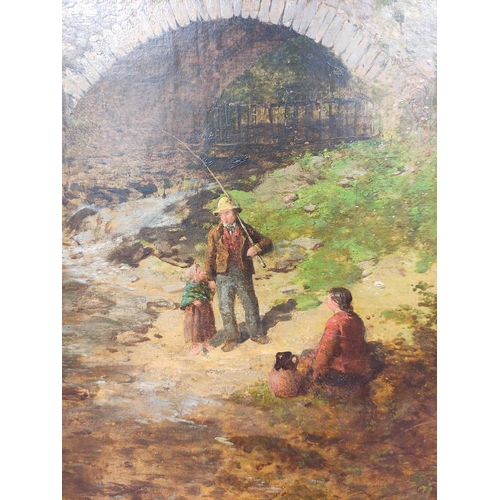 234 - William James Blacklock.Double arch river bridge in an upland landscape with angler, other figures &... 
