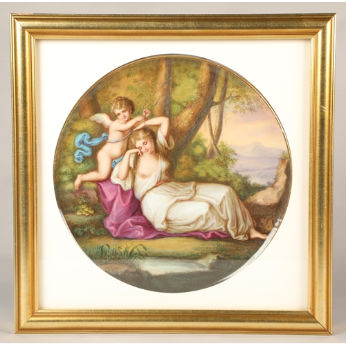 34 - Mounted and framed Royal Vienna porcelain plaque, hand painted and titled 'Cupido Fesselt Aglaia An ... 