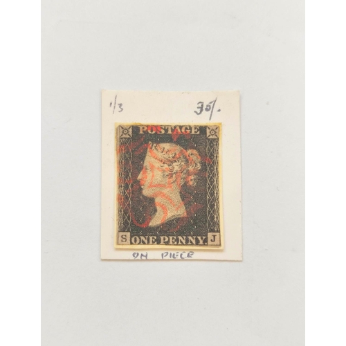 396 - Great Britain. Penny black stamp, imperforated and with red Maltese Cross cancellation mark. Plate l... 