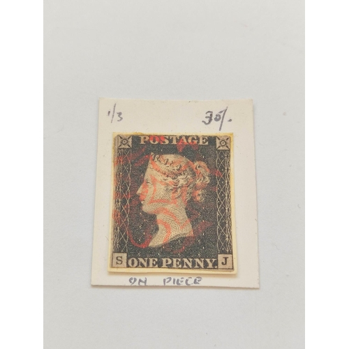 396 - Great Britain. Penny black stamp, imperforated and with red Maltese Cross cancellation mark. Plate l... 