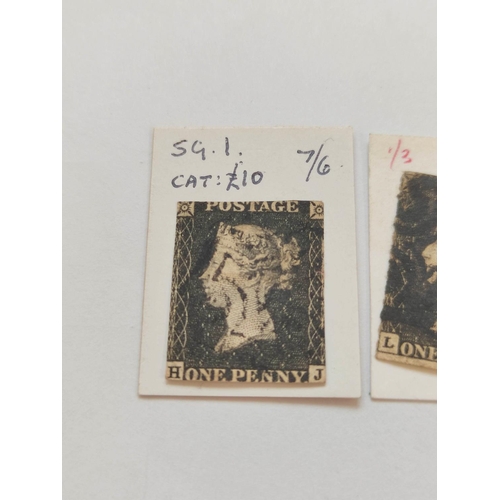 398 - Great Britain. Two Penny Black postage stamps, imperforated and both with black Maltese Cross cancel... 