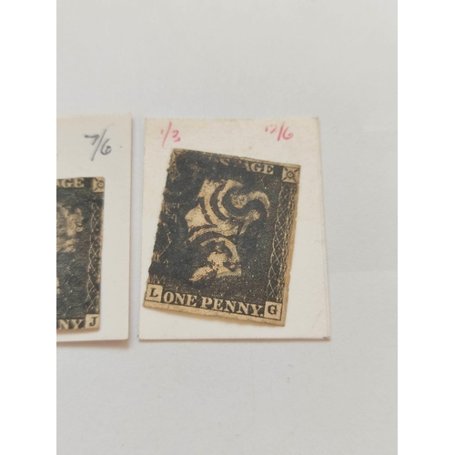 398 - Great Britain. Two Penny Black postage stamps, imperforated and both with black Maltese Cross cancel... 