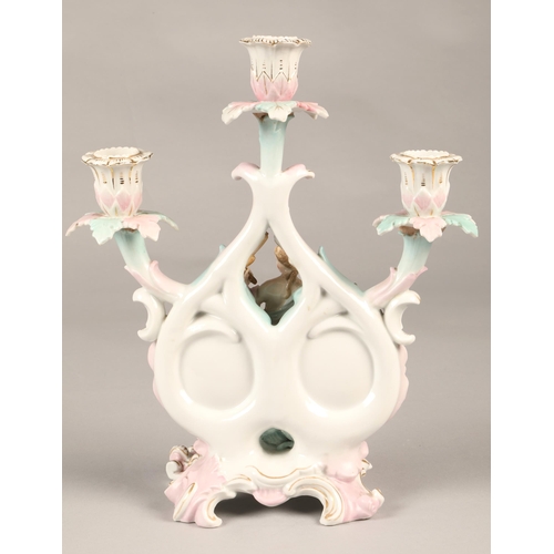 17 - Meissen style candelabra with cross sword markings, featuring a classical figure holding wheat with ... 