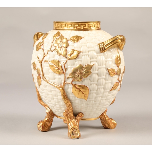 28 - Royal Worcester cream and gilt weaved basket vase, 21cm high.